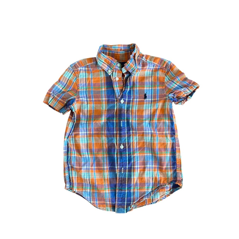 Ralph Lauren Boys Orange Blue Plaid Short Sleeve‎ Button Down Shirt Size 4/4T